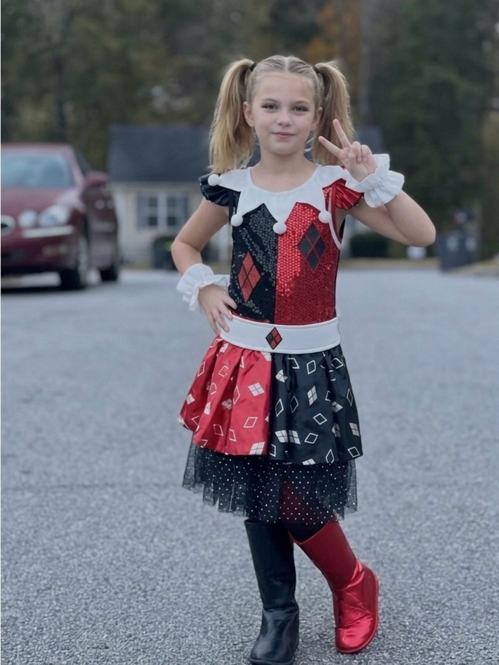 Girls Red and Black Harlequin Costume Dress with Shoe Cover Only